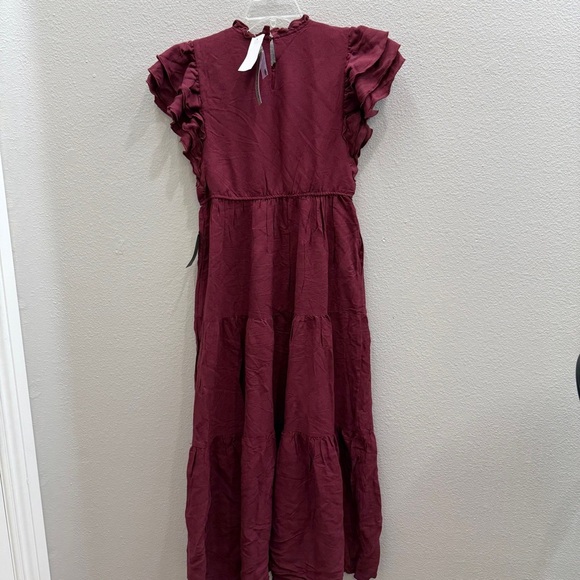 Love  by Design Maxi Dress Size Small Burgundy Ruffles Fall Dainty New - Picture 2 of 7